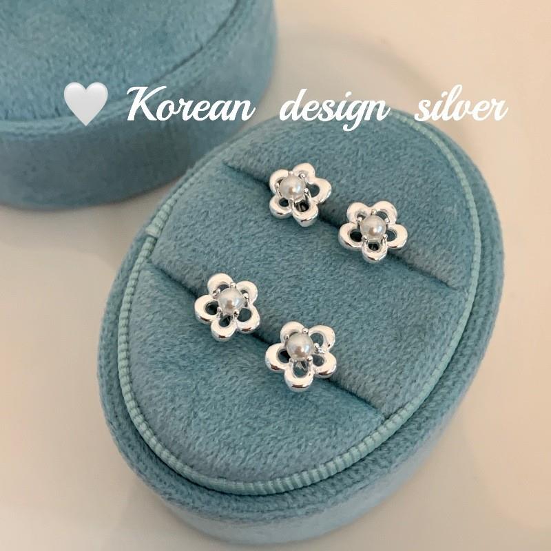 韩国ins风精致 小众高级感耳饰品 S925纯银 镂空小花珍珠耳钉女款