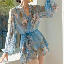 现货Touchin连衣裙度假风V领灯笼袖荷叶边短裙20