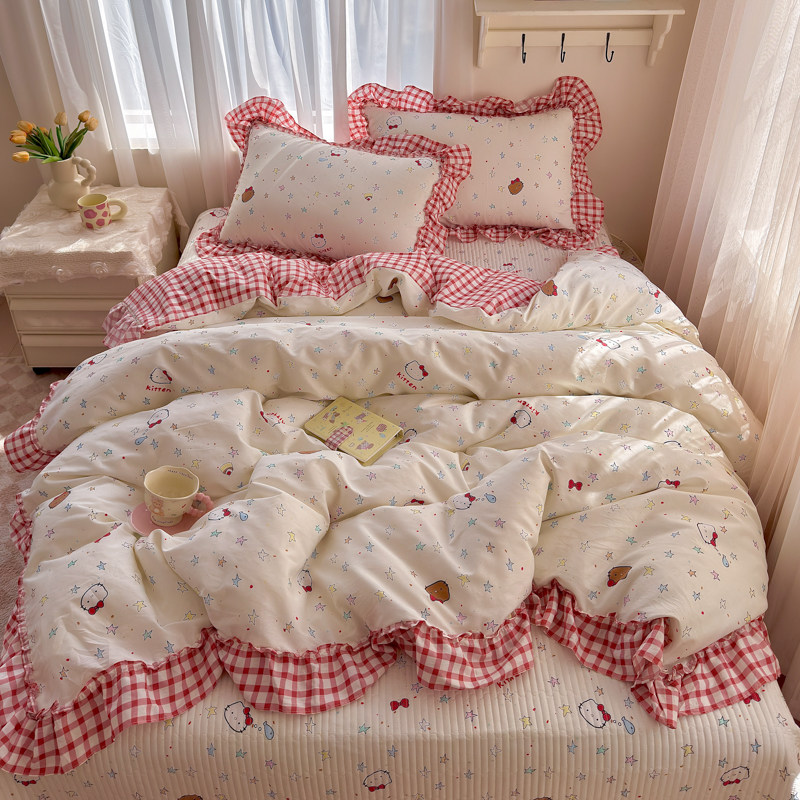 韩式花边床单四件套纯棉四季床笠被套床裙学生宿舍床上三件套全棉