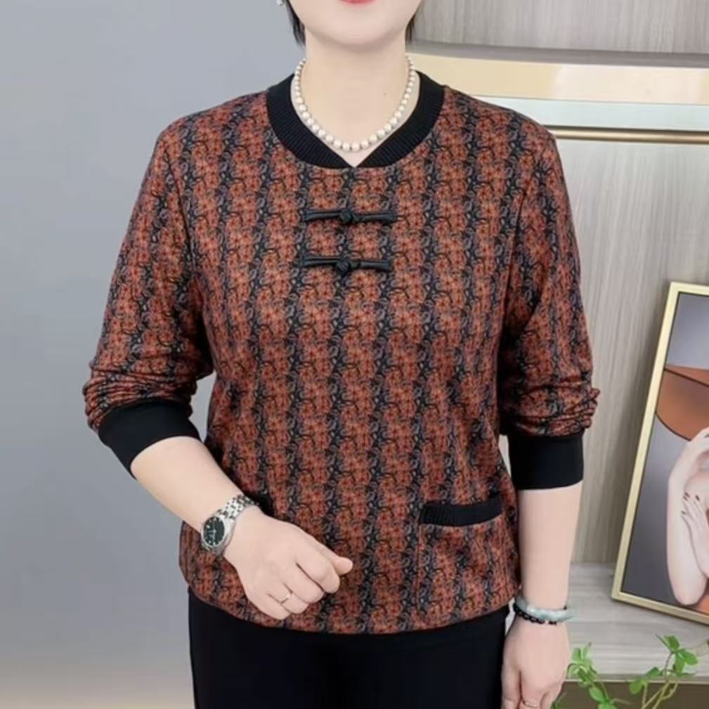 2025新款妈妈装秋季长袖打底衫新款口袋圆领盘扣设计感上衣