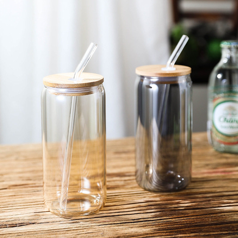 创意易拉罐杯子饮料咖啡冷饮可乐玻璃杯家用大容量吸管杯带盖透明
