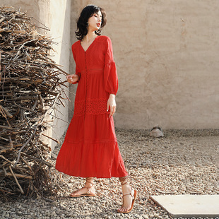 裙气质度假沙滩裙F550 收腰显瘦法式 仙女复古V领旅行穿搭女装 夏季