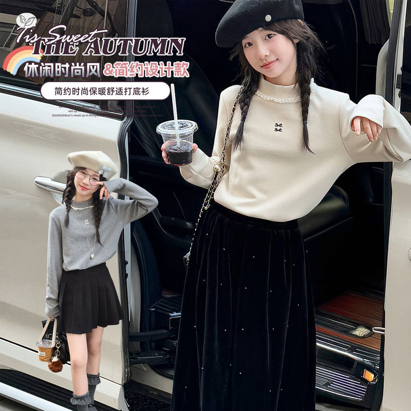 女童加绒打底衫2025年秋冬新款中大童韩系蝴蝶结领口花边长袖T恤，童装卫衣/绒衫，祺儿童装