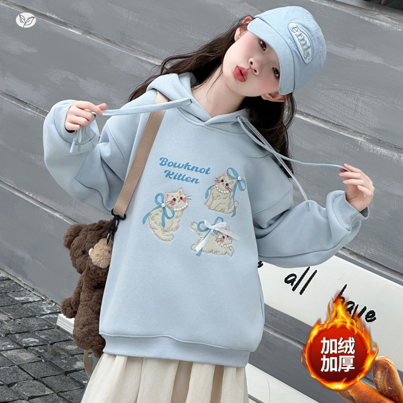 女童加绒卫衣2025年秋冬新款中大儿童卡通印花套头衫可爱内搭，童装卫衣/绒衫，祺儿童装