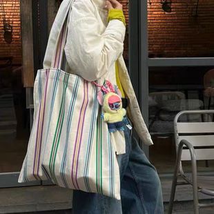四季搭配纯棉帆布包，彩色竖条纹tote托特包，大容量单肩手提包女
