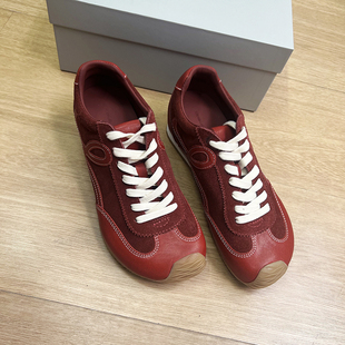 女 休闲鞋 鸿运鞋 浓郁波尔多红小牛皮拼接舒适内增平底系带德训鞋