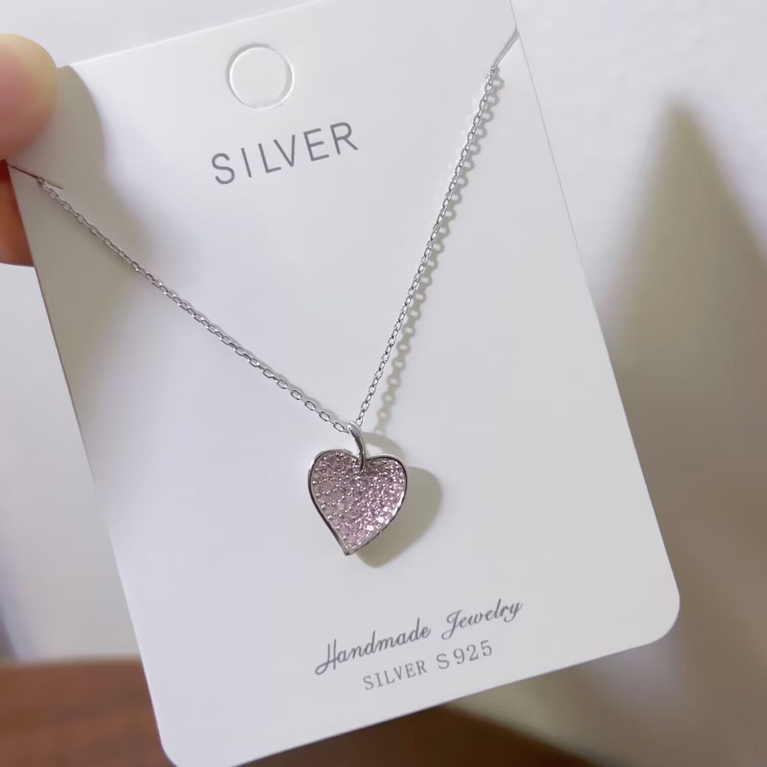 爱心项链女纯银带镶粉钻心形吊坠简约甜美不掉色锁骨链送礼物银饰