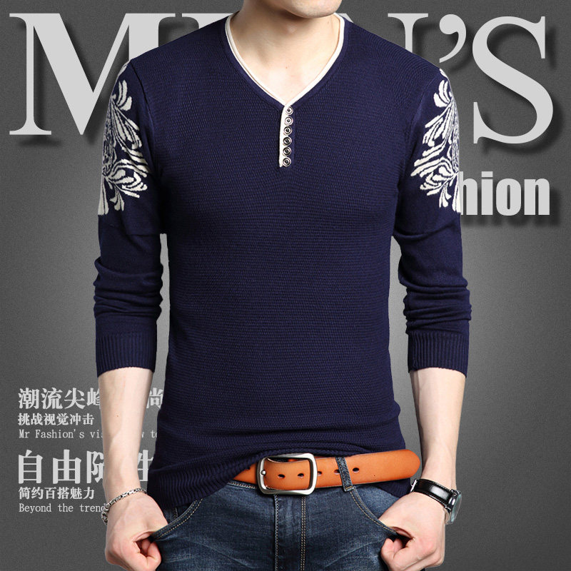 男士薄款长袖T恤V领针织衫鸡心领体恤打底衫男装毛衣秋季上衣秋衣