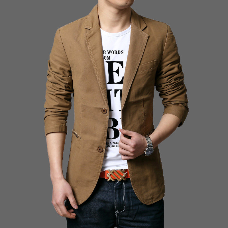 春秋休闲西装男纯棉小西服男士修身纯色外套青年工装大码工作便装