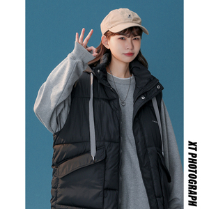 2024冬季中性風新款大口袋連帽可拆卸棉馬夾 灰 MJ14-P75 控108圖片