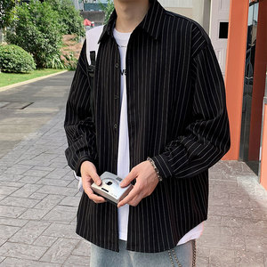 2022港风秋季男韩版宽松条纹长袖衬衫潮 灰色 C40-P40控58元图片