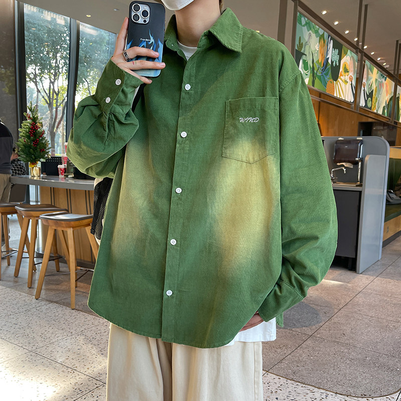 港风春季纯棉绣花重工水洗褪色长袖衬衫绿色CC041-P58控78现货,男装衬衫,电商B237