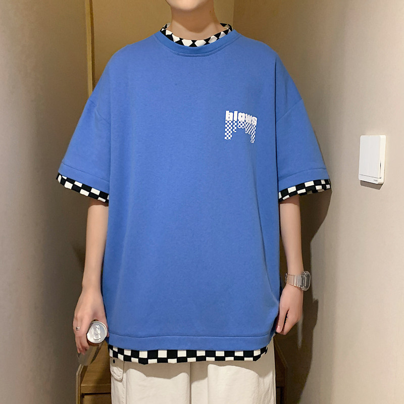 2024夏季新款男士假两件格子短袖T恤黑色TX055-P35,男装T恤,电商B237