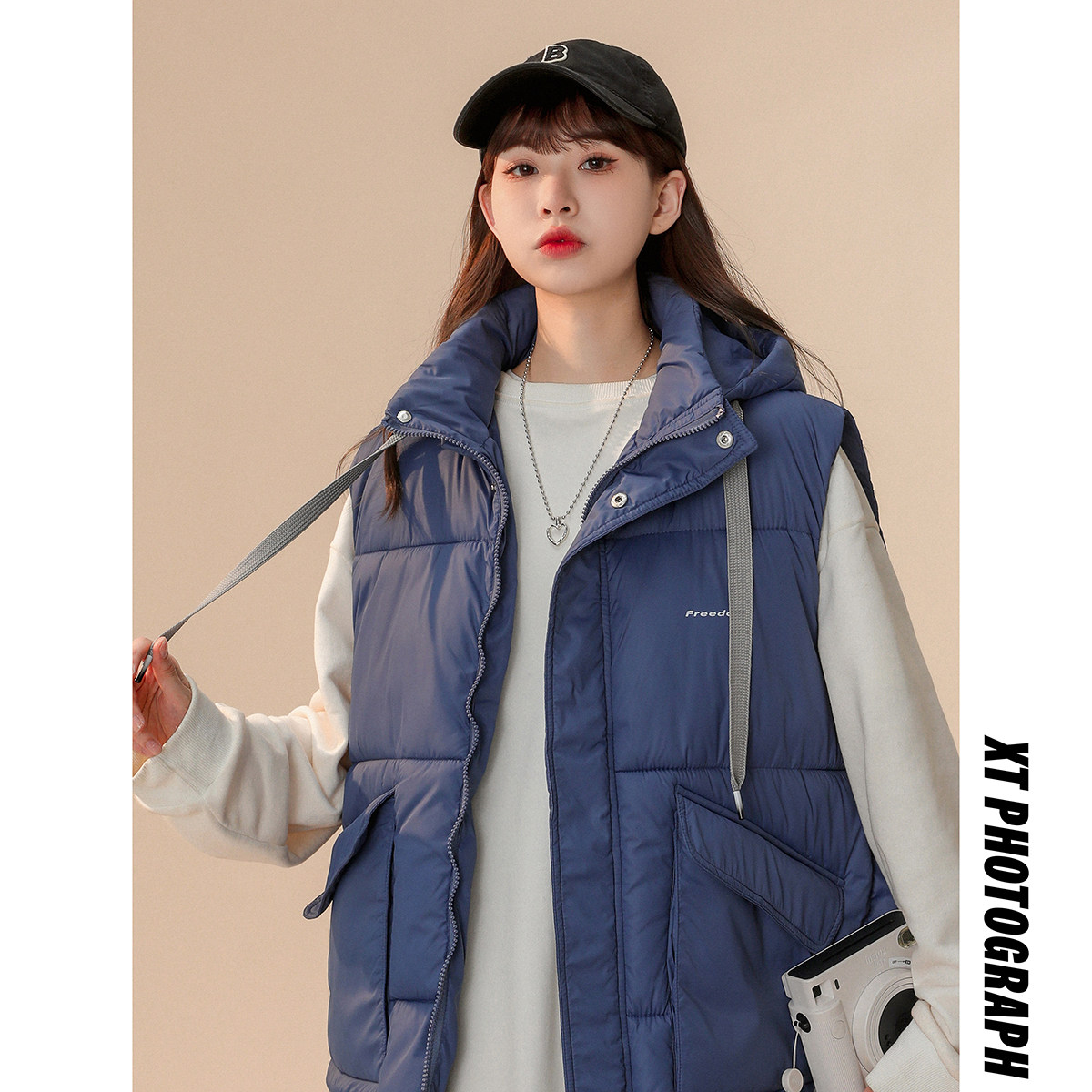 2024冬季中性风新款大口袋连帽可拆卸棉马夹蓝色MJ14-P75控108，女装马甲，电商B237