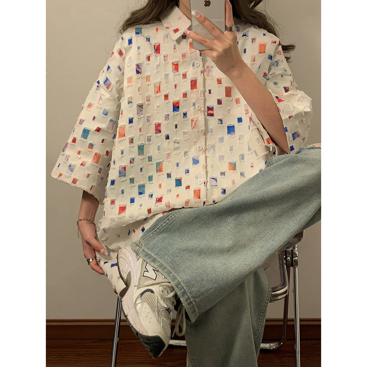 2024女模新款破洞彩色短袖衬衫个性潮流黑CC036-P45,男装衬衫,电商B237