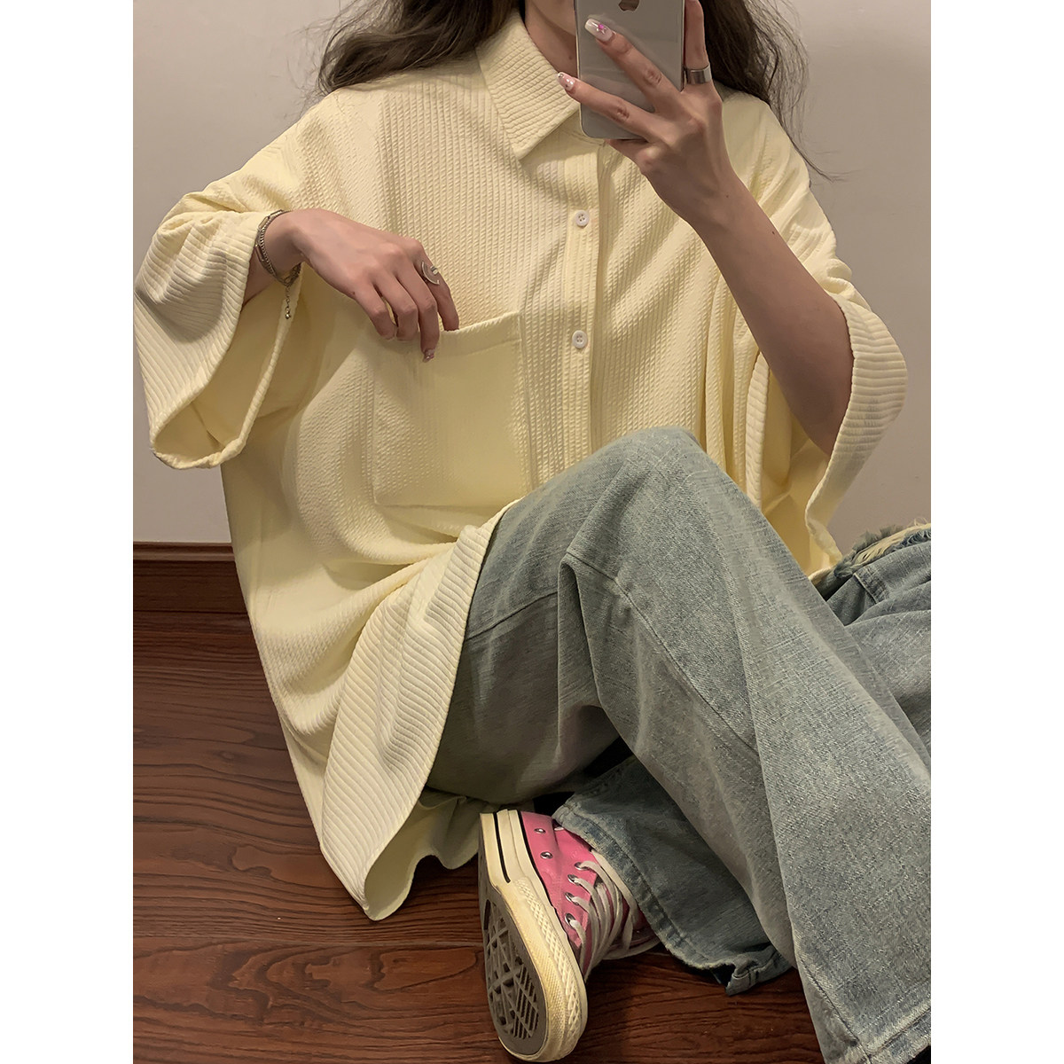 2023女模新款条纹垂感弹力冰丝短袖贴标衬衫 杏色 CC035-P48 控68图片