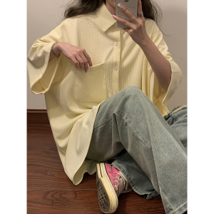 2023女模新款条纹垂感弹力冰丝短袖贴标衬衫 杏色 CC035-P48 控68图片