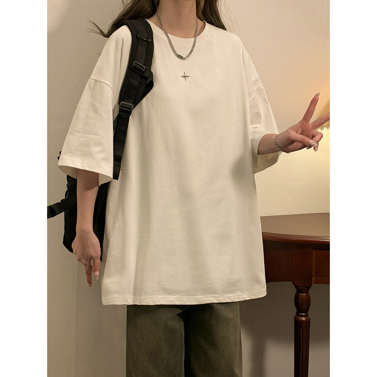 2023女模新款T恤金属星星纯双纱230克大板白色TX085-P35控58,男装T恤,电商B237
