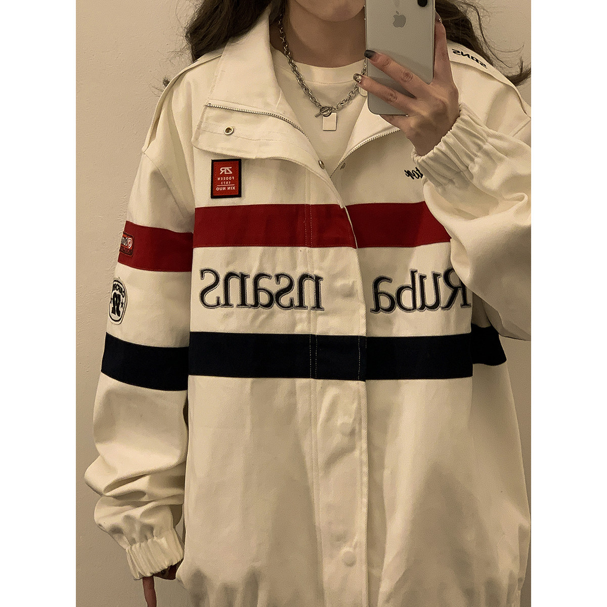 2023女模高品质撞色刺绣贴标立领夹克白色JK042-P115控158元,男装夹克,电商B237
