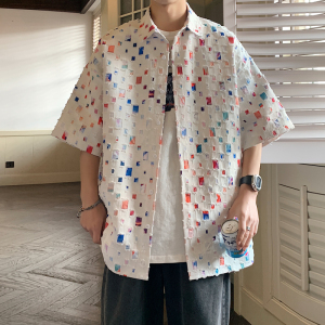 2023港风新款破洞彩色短袖衬衫个性潮流白色CC036-P78控108