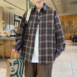 春季新款长袖格子衬衫男外套 棕色 CC044-P45 控68图片