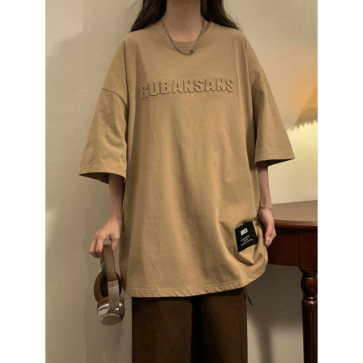 2023女模新款T恤纯棉双纱230克压花大板黑色TX082-P38控58,男装T恤,电商B237