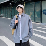 2023港风秋季男韩版宽松条纹长袖衬衫潮灰色C40-P40控58元，男装衬衫，电商B237