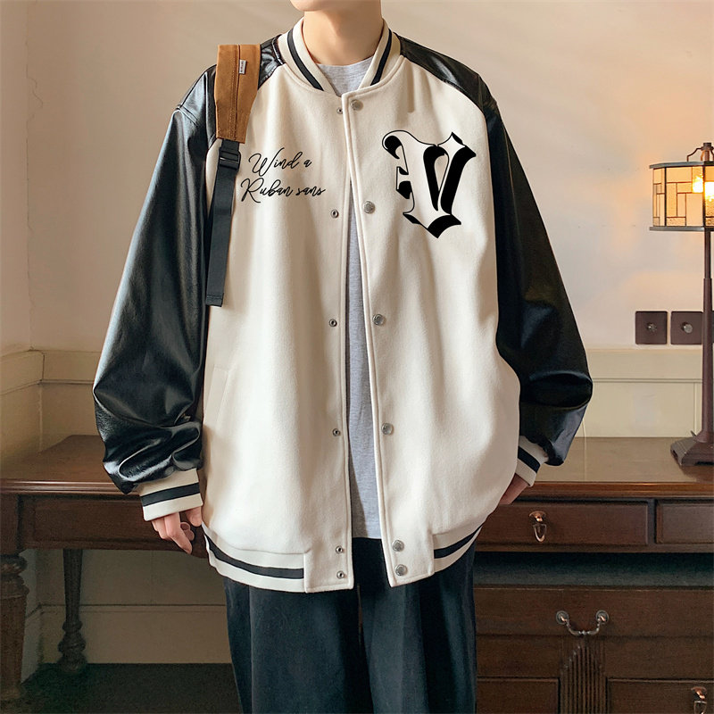 2023港风春季新款刺绣630克呢料拼皮夹克男白色JK044-P110控158,男装夹克,电商B237