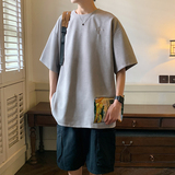 2023港风新款T恤麂皮绒刺绣大板灰色TX083-P25控39，男装T恤，电商B237