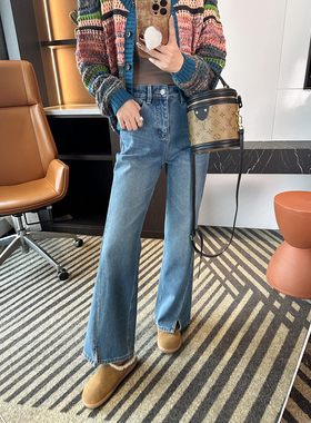 藏肉显瘦一jue！~四面弹植绒微喇叭裤女秋冬新开叉高腰弹力牛仔裤