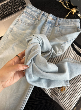 高定！金标款~浅蓝色阔腿牛仔裤2026新款女春季慵懒宽松直筒长裤