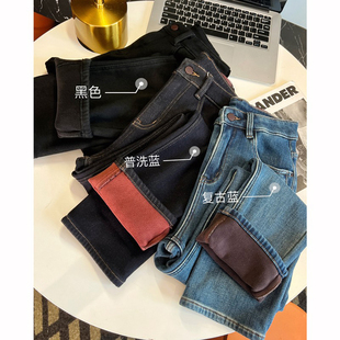 弹力柔软直筒牛仔裤 重磅 女秋冬新款 加厚绒九分法棍裤 修腿神裤