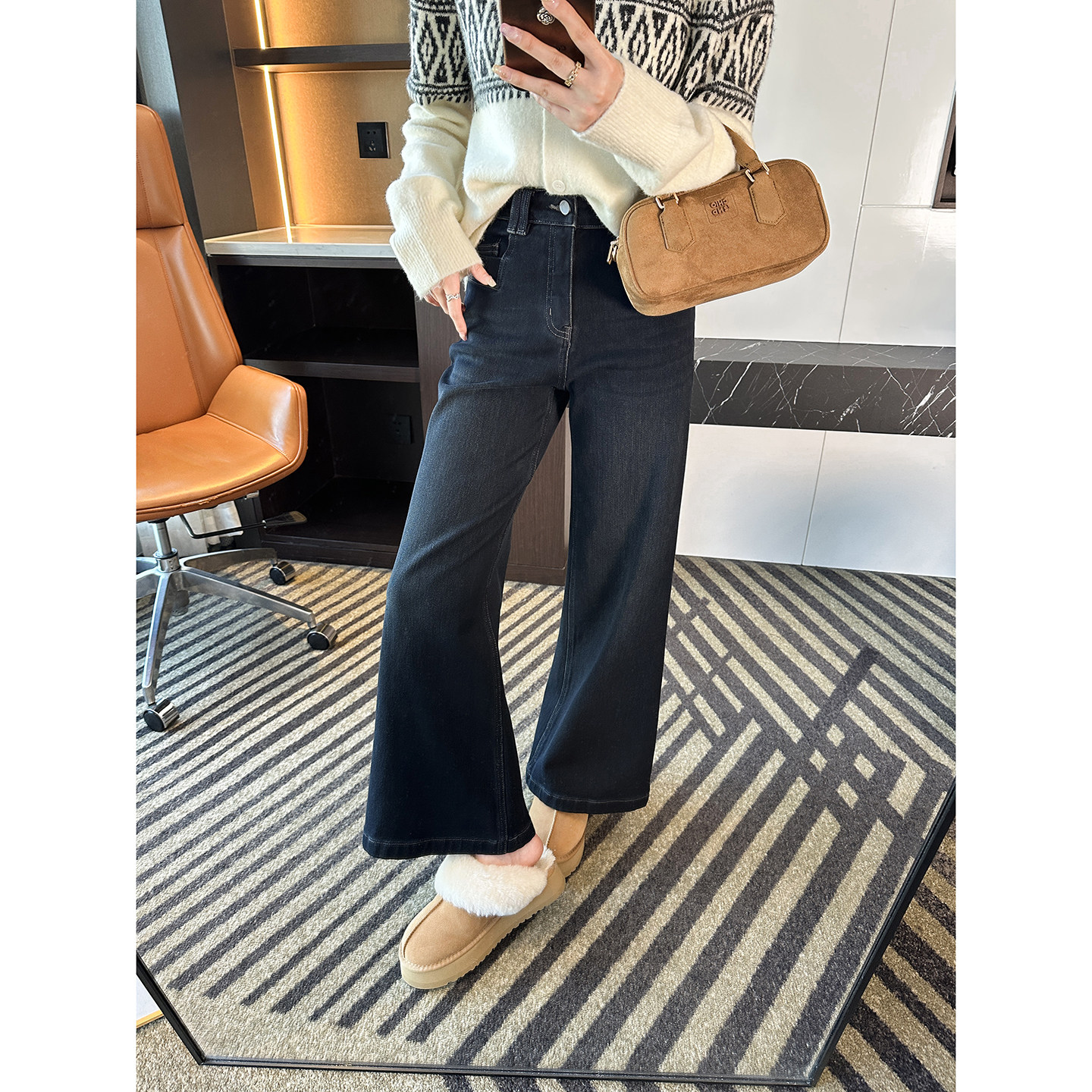 瞬间拉篙腰线！~植绒四面弹十分牛仔裤女秋冬新款宽松显瘦直筒裤,女装/女士精品,牛仔裤,淘宝优惠券,粉丝福利购,淘宝优惠卷