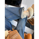 保暖植绒阔腿裤 女秋冬新款 buling烫钻一体绒直筒牛仔裤 超带派