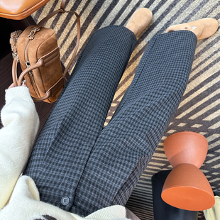 女秋冬保暖复古格子九分宽松休闲裤 博主力荐 小个子加绒阔腿裤