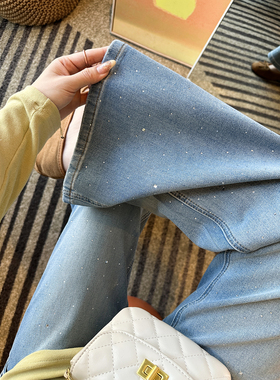 璀璨星河！~浅蓝色烫钻牛仔裤女2026新款高腰弹力宽松微喇叭裤子