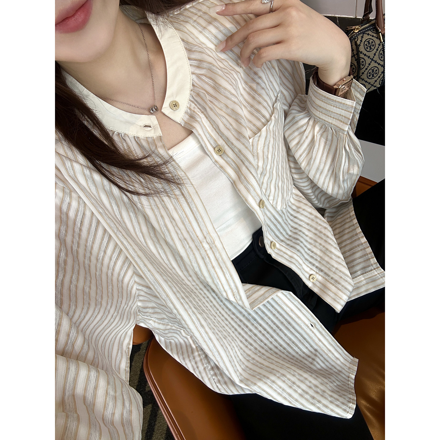 知性美学！~天丝圆领条纹衬衫女春宽松经典百搭长袖上衣2026新款