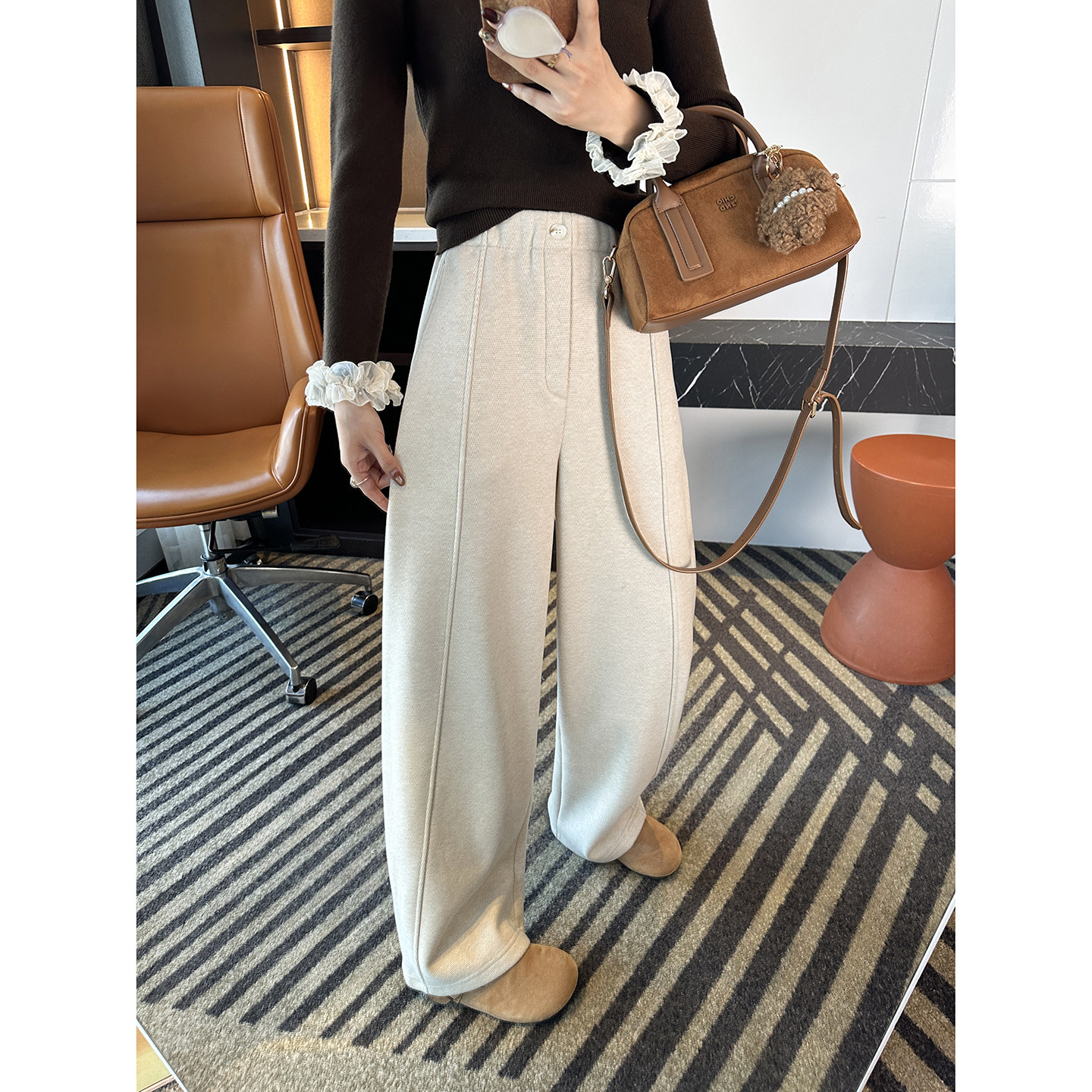 时髦人字纹！~特舒绒羊毛休闲裤子女2025冬加厚小个子宽松阔腿裤,女装/女士精品,休闲裤,淘宝优惠券,粉丝福利购,淘宝优惠卷