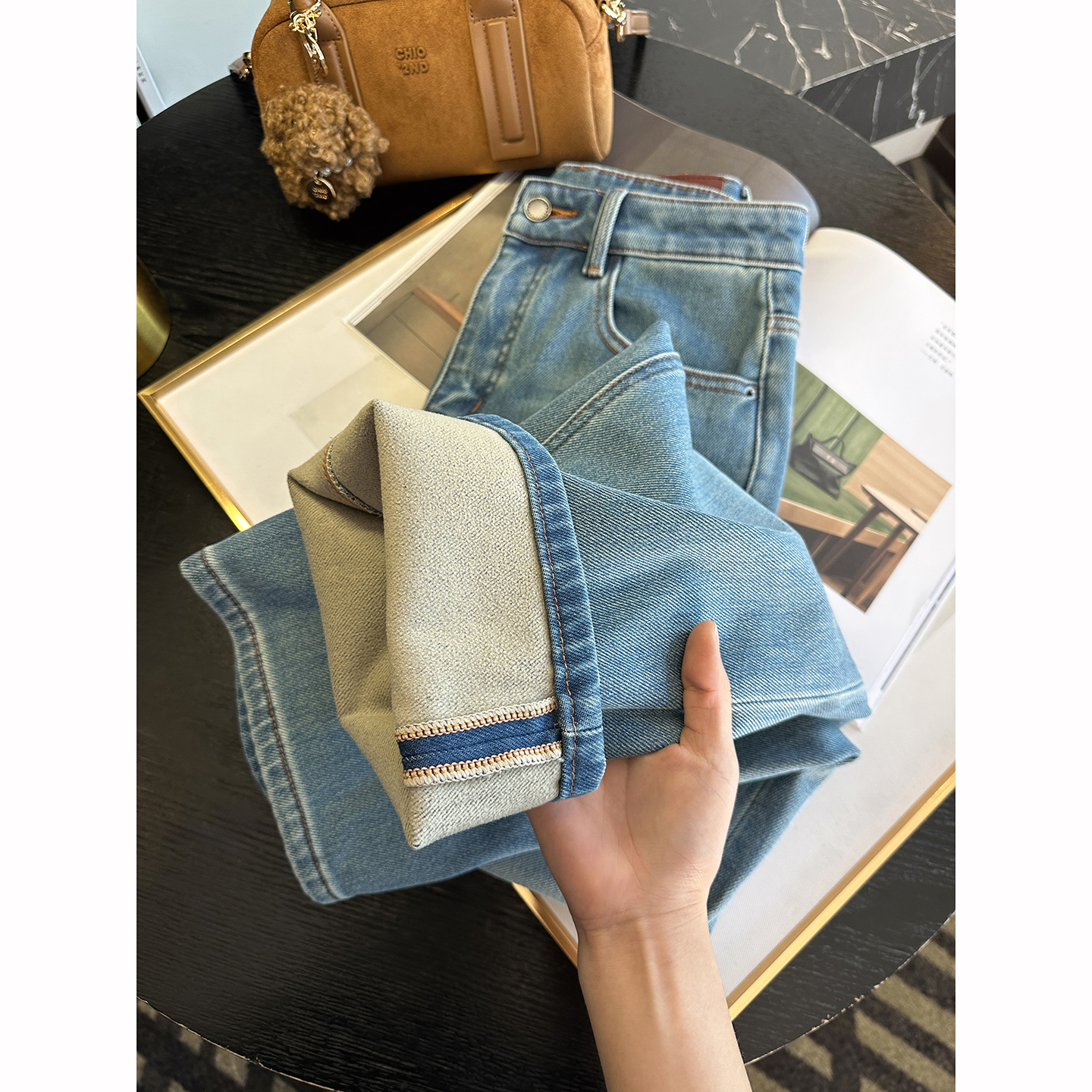 直腿滤镜！~加绒九分直筒牛仔裤