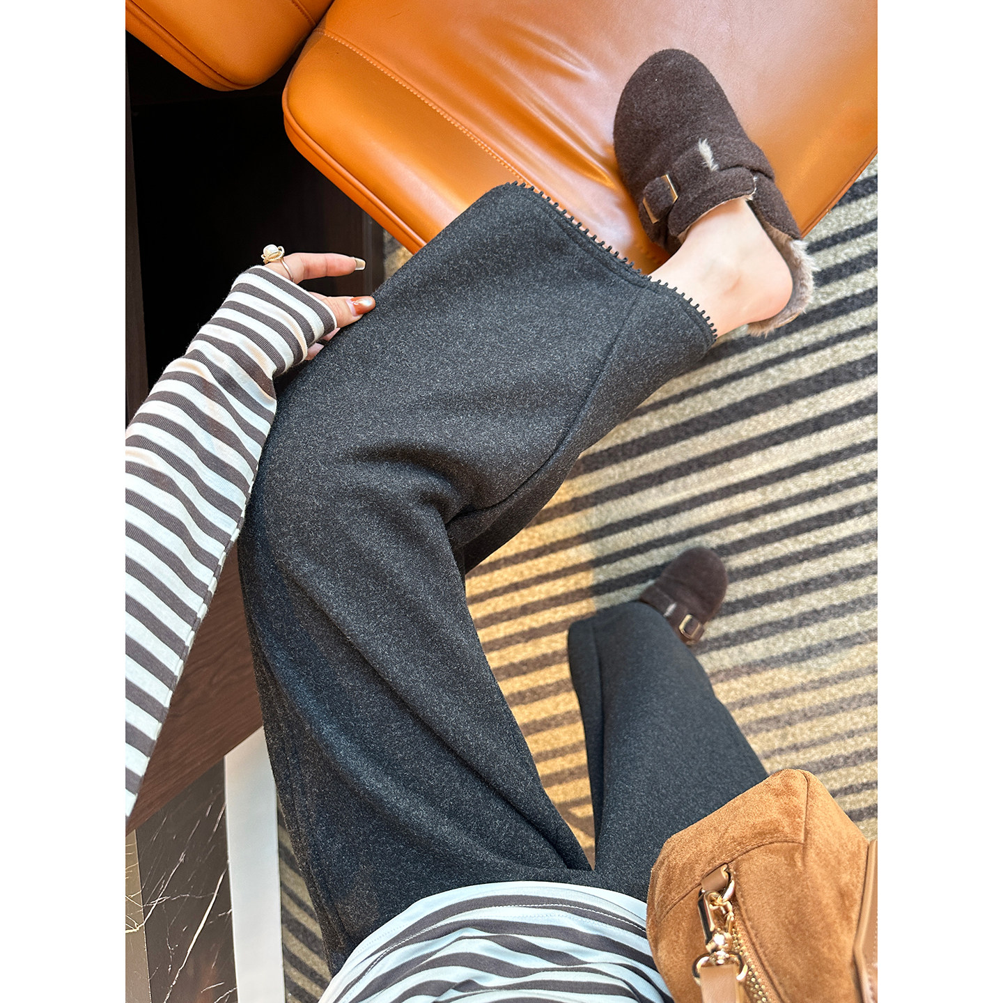 搭配万金油！睫毛花边休闲裤子女2025新款冬加绒深灰色九分阔腿裤,女装/女士精品,休闲裤,淘宝优惠券,粉丝福利购,淘宝优惠卷