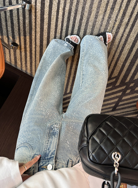 buling闪闪！满天星阔腿牛仔裤女春季设计感浅蓝色宽松直筒拖地裤