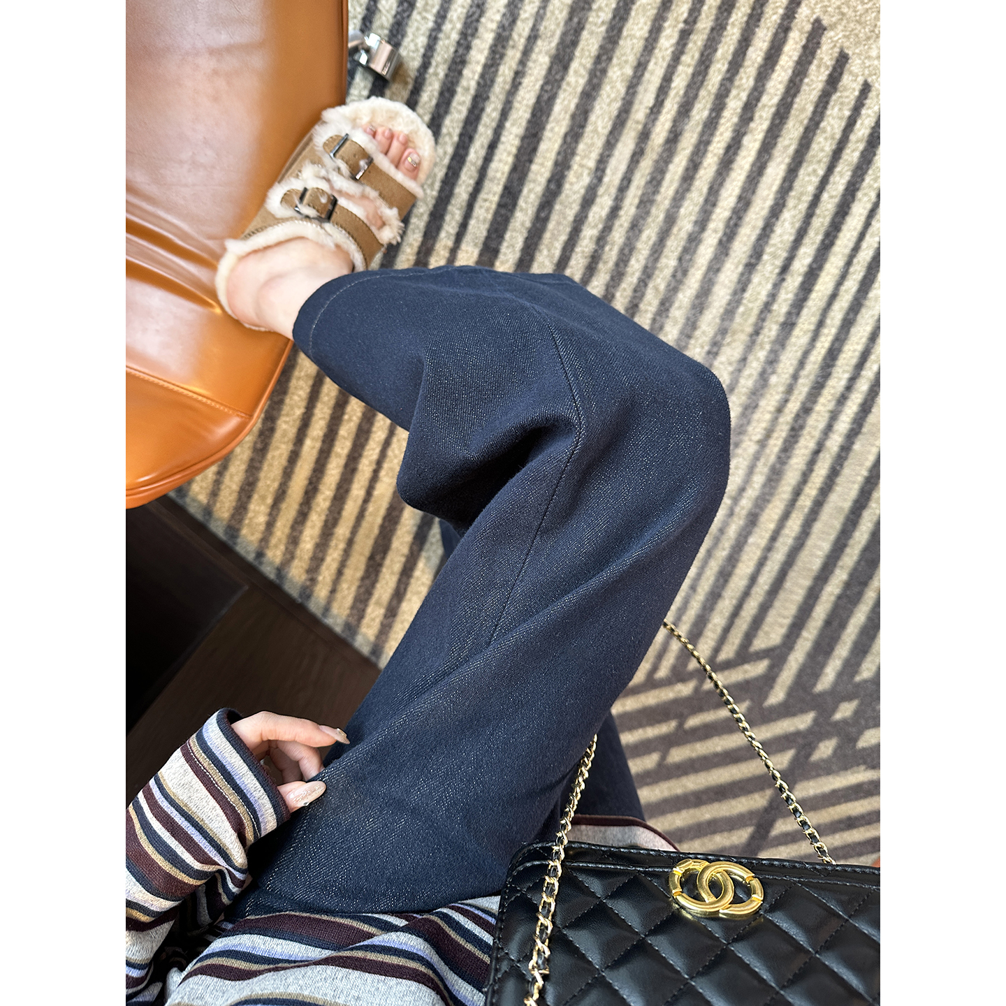 小个子闭眼入韩系原色植绒牛仔裤