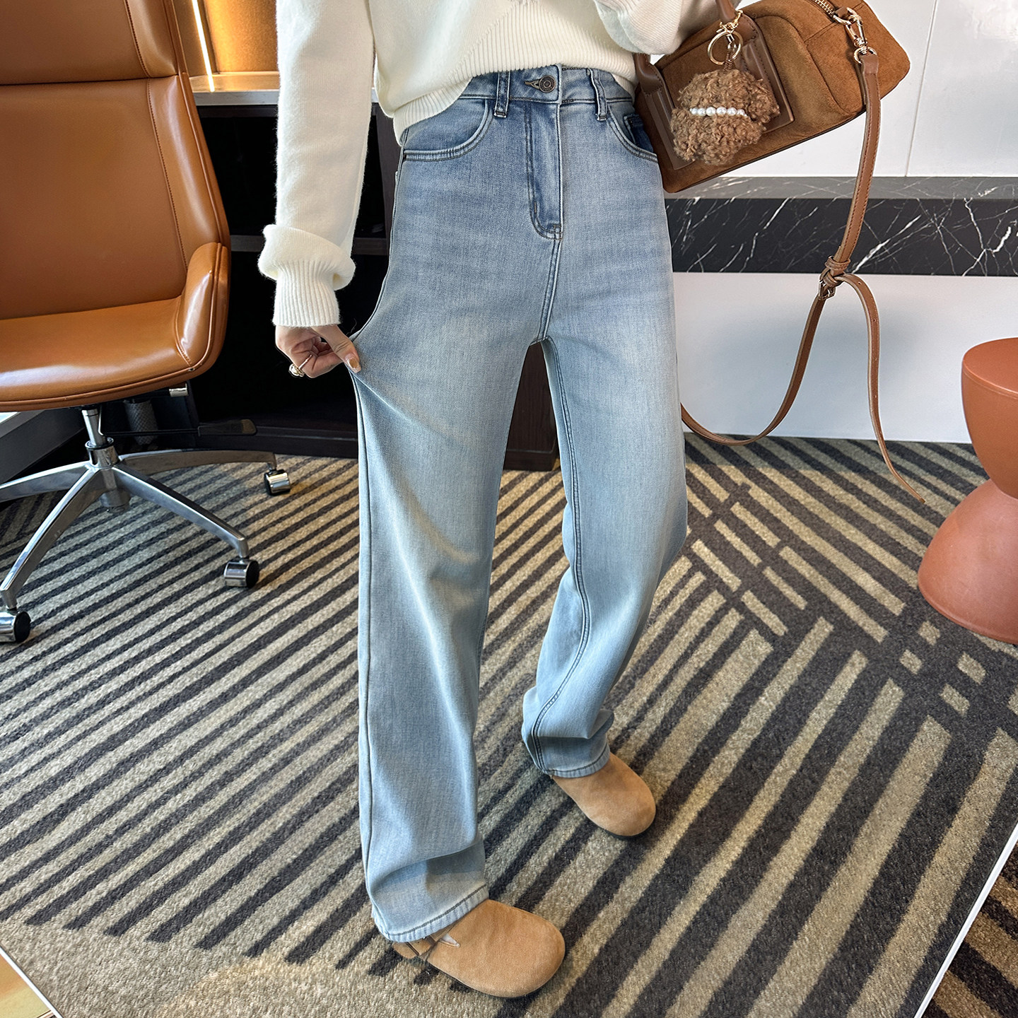 升级加厚绒！~浅蓝色直筒牛仔裤
