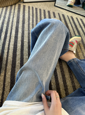 梨型友好！~复古阔腿弯刀牛仔裤2026新款女深蓝色高腰宽松长裤子