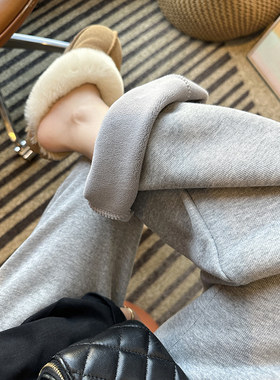 一条过冬吖~！加厚绒灰色阔腿休闲裤女冬新宽松慵懒保暖镰刀裤子