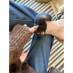 保暖高腰直筒九分裤 女秋冬新款 三色密密绒法棍牛仔裤 新晋神裤