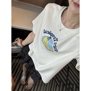 新款 T恤女夏季 小众设计感圆领正肩上衣 香蕉印花短袖 韩系时髦精