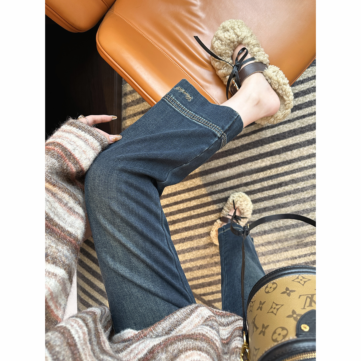 不挑腿型！~加绒九分法棍牛仔裤