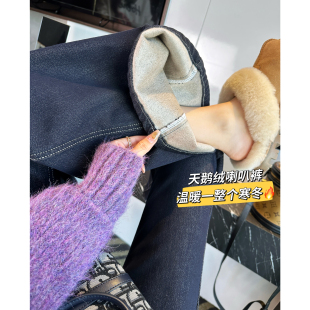 女秋冬新加绒加厚高腰弹力牛仔裤 天鹅绒微喇叭裤 b入 双生黑金色