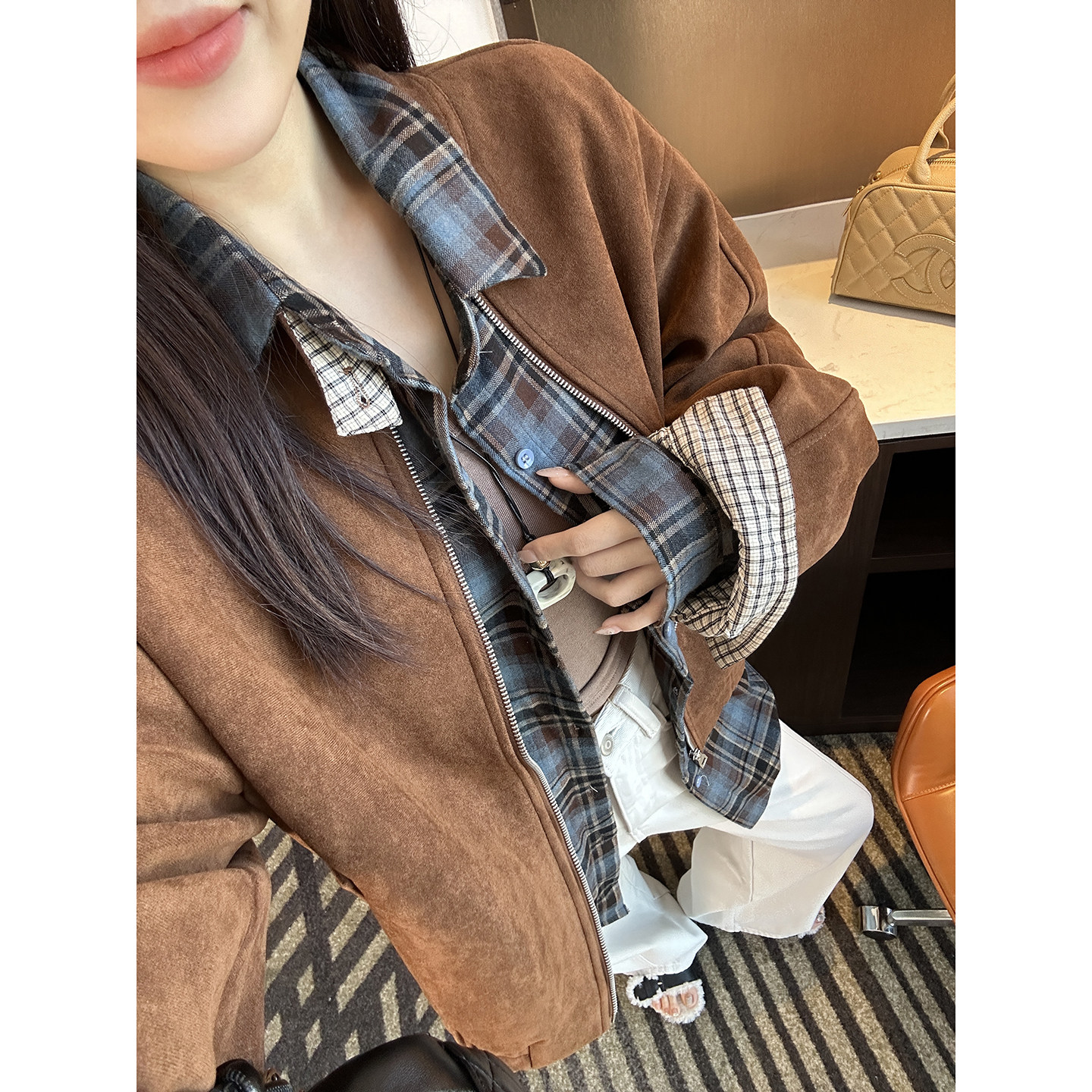 高级感拉满！~复古羊筋绒麂皮拉链外套女秋冬新气质百搭宽松上衣,女装/女士精品,短外套,淘宝优惠券,粉丝福利购,淘宝优惠卷